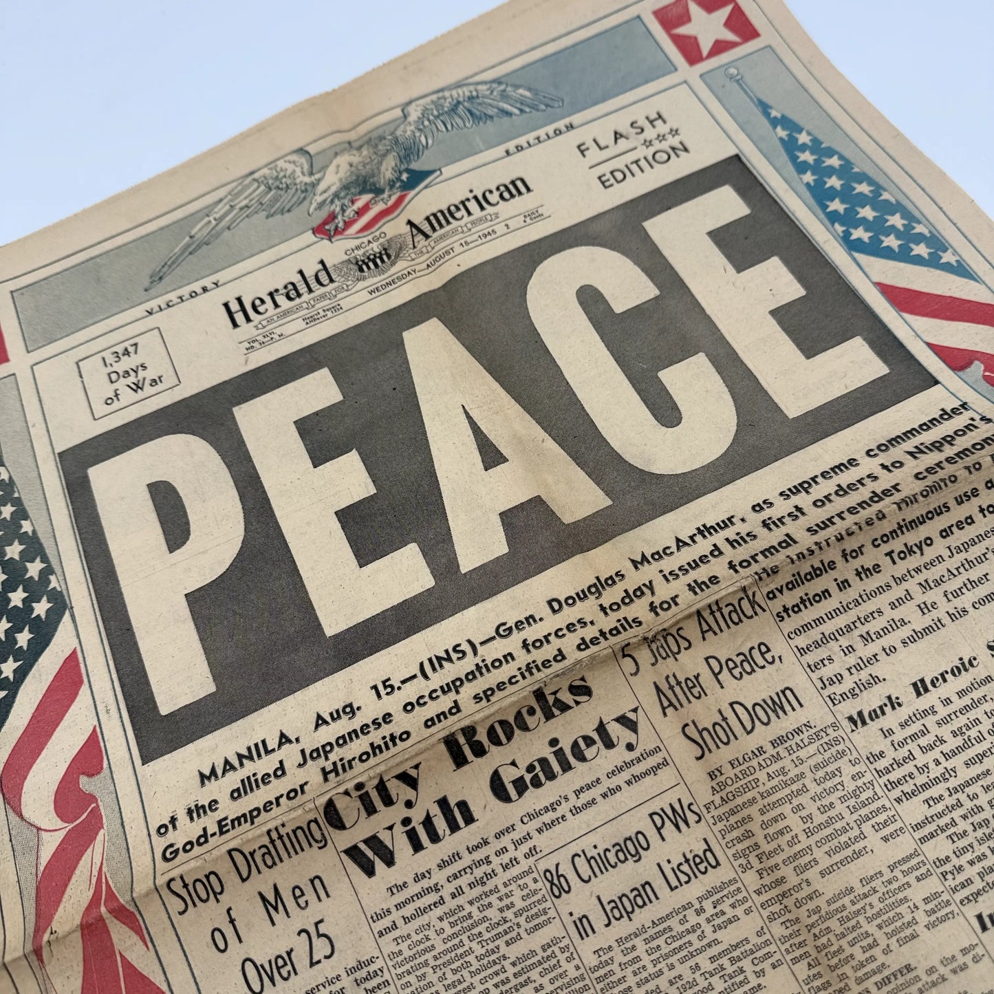 Front pages on the War with Japan: Declared, Bombed, Plea, Peace