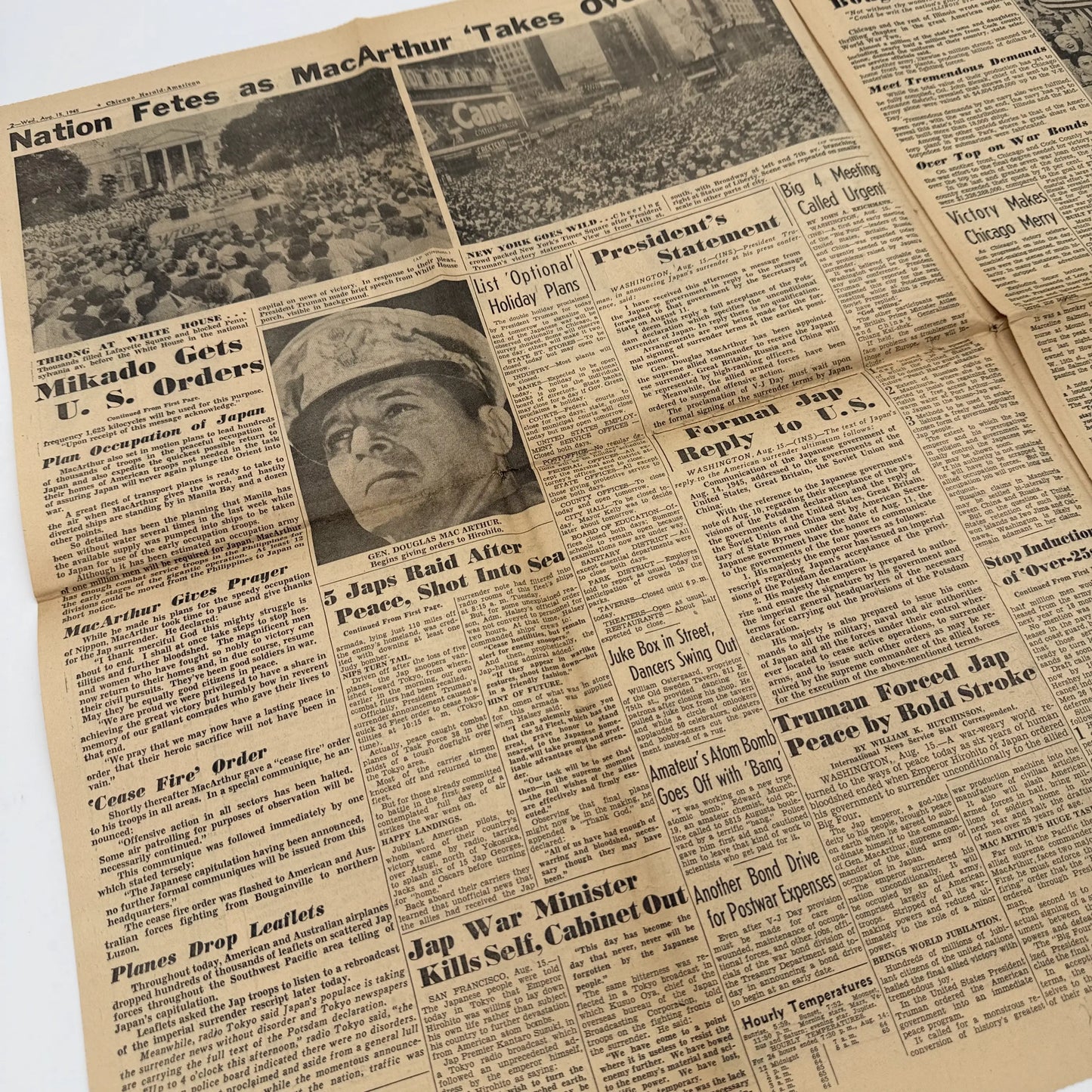 Front pages on the War with Japan: Declared, Bombed, Plea, Peace