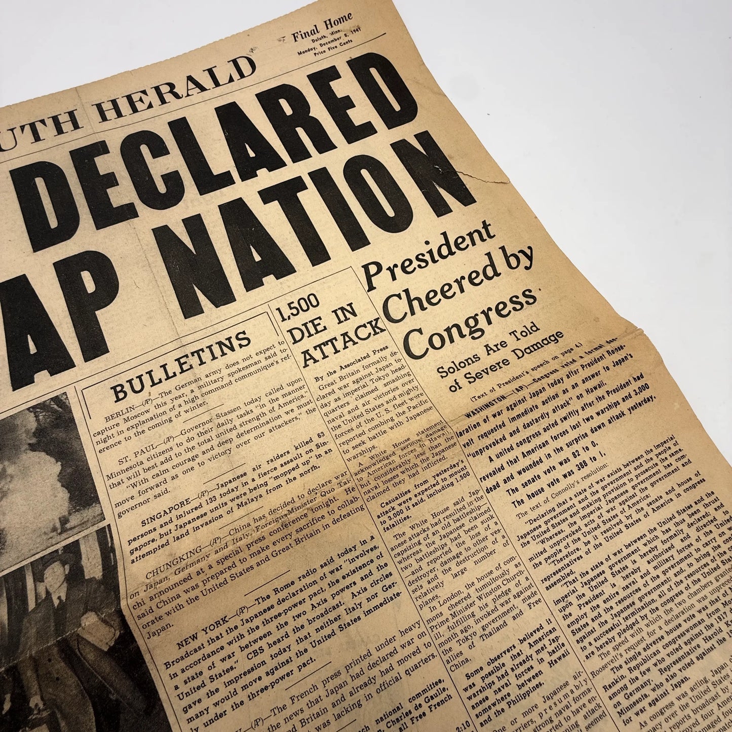 Front pages on the War with Japan: Declared, Bombed, Plea, Peace