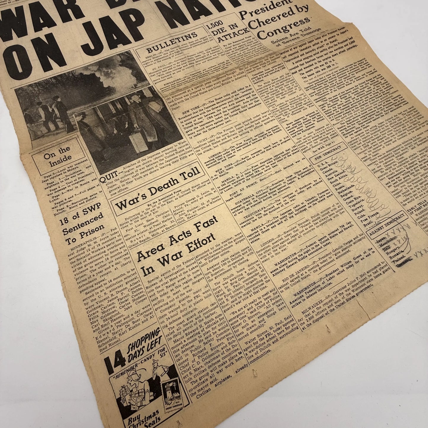 Front pages on the War with Japan: Declared, Bombed, Plea, Peace