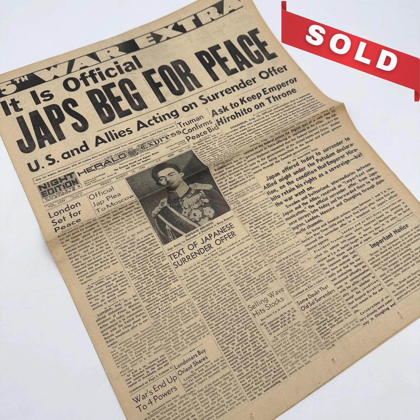 Front pages on the War with Japan: Declared, Bombed, Plea, Peace