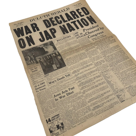 Front pages on the War with Japan: Declared, Bombed, Plea, Peace