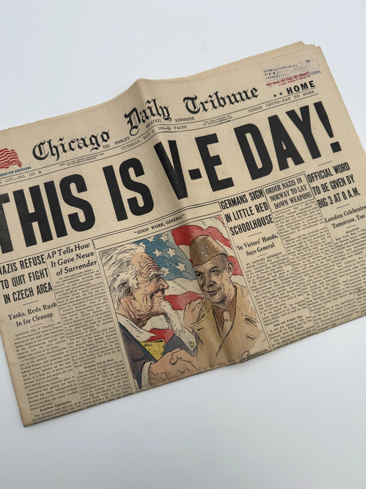 World War II Newspapers with major events of the war — Outbreak, Pearl Harbor, FDR Dies, V-E Day, atomic bomb dropped, more
