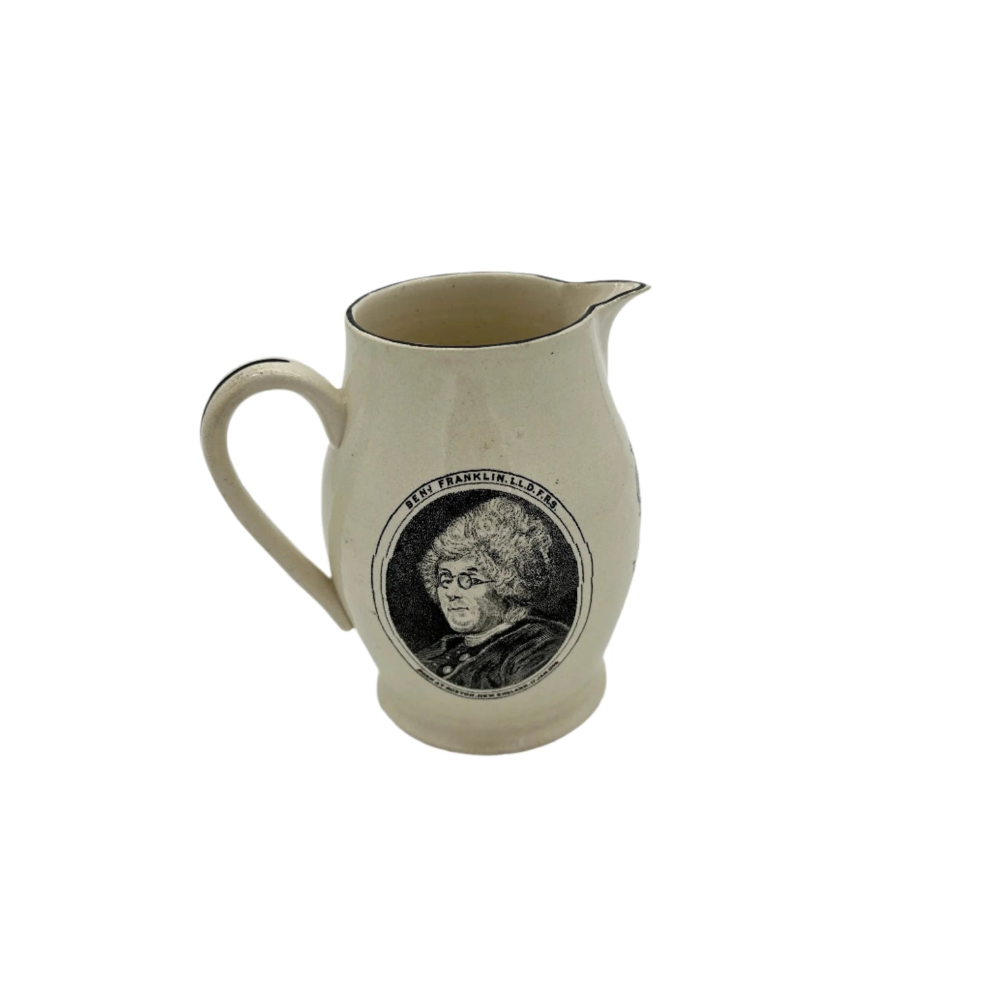 Small creamware pitcher with George Washington and Benjamin Franklin