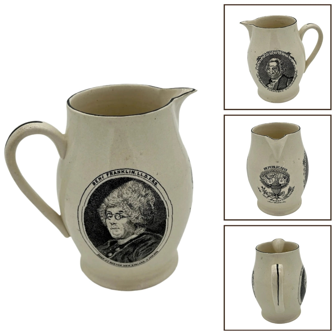 Small creamware pitcher with George Washington and Benjamin Franklin