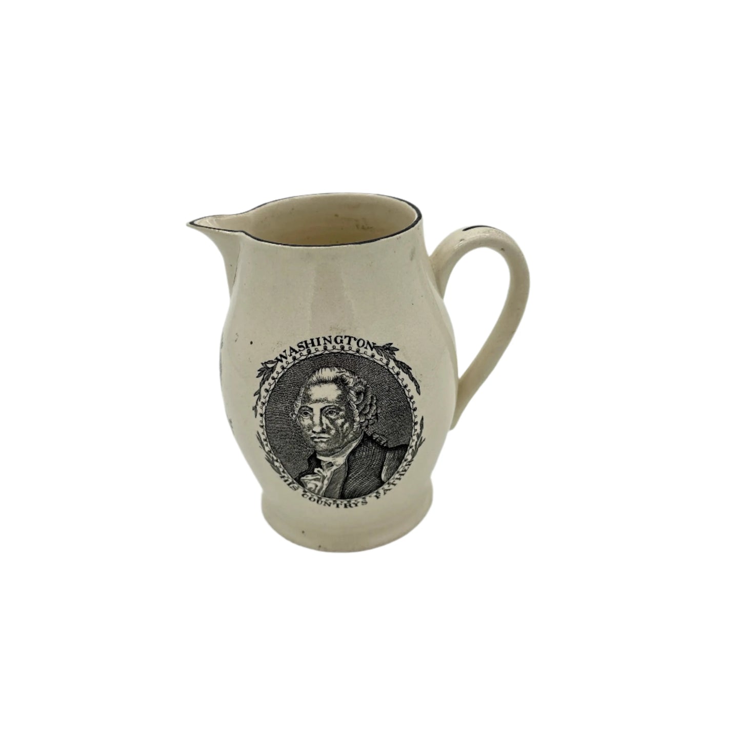 Small creamware pitcher with George Washington and Benjamin Franklin