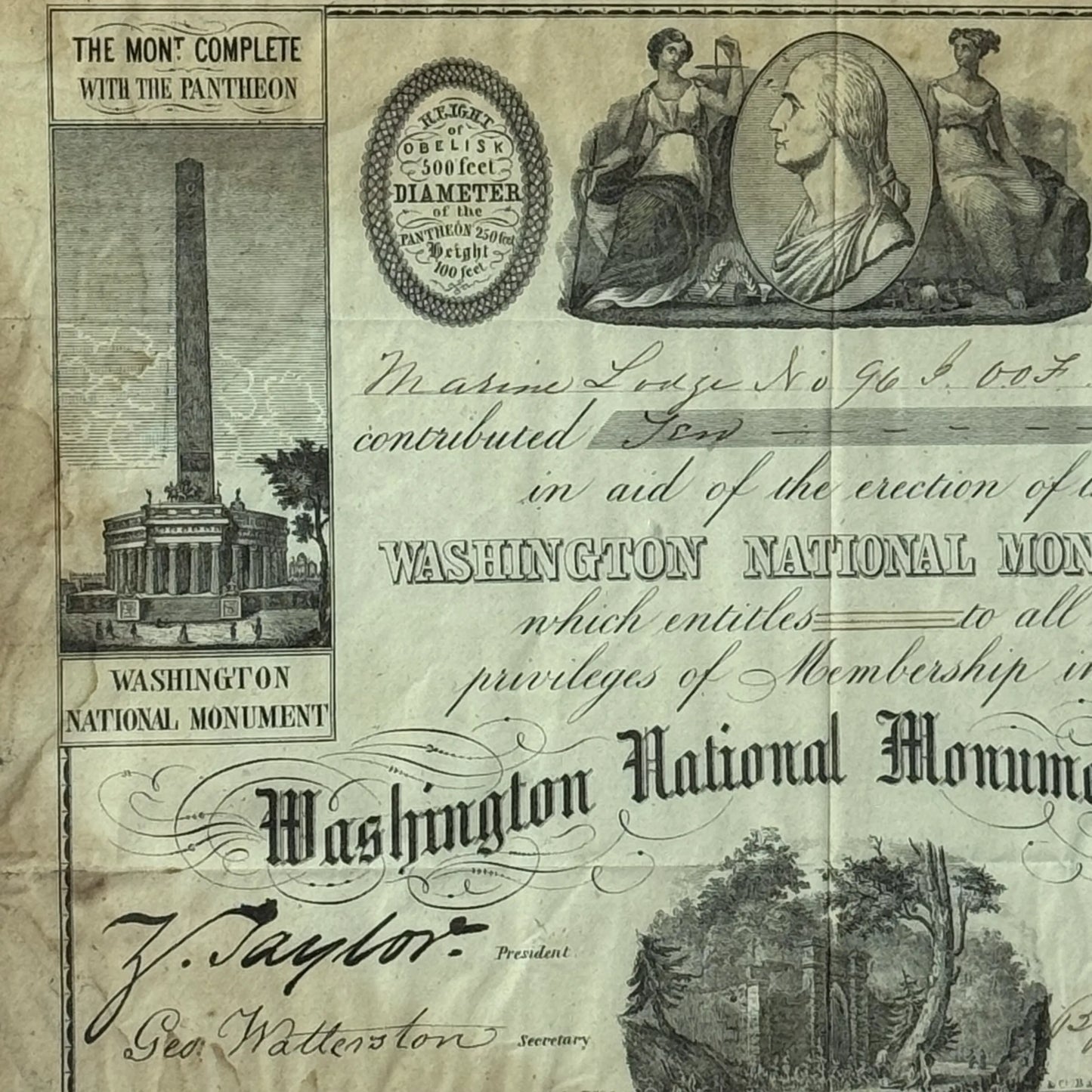 Washington Monument Society Contribution Certificate — In a period frame with period glass