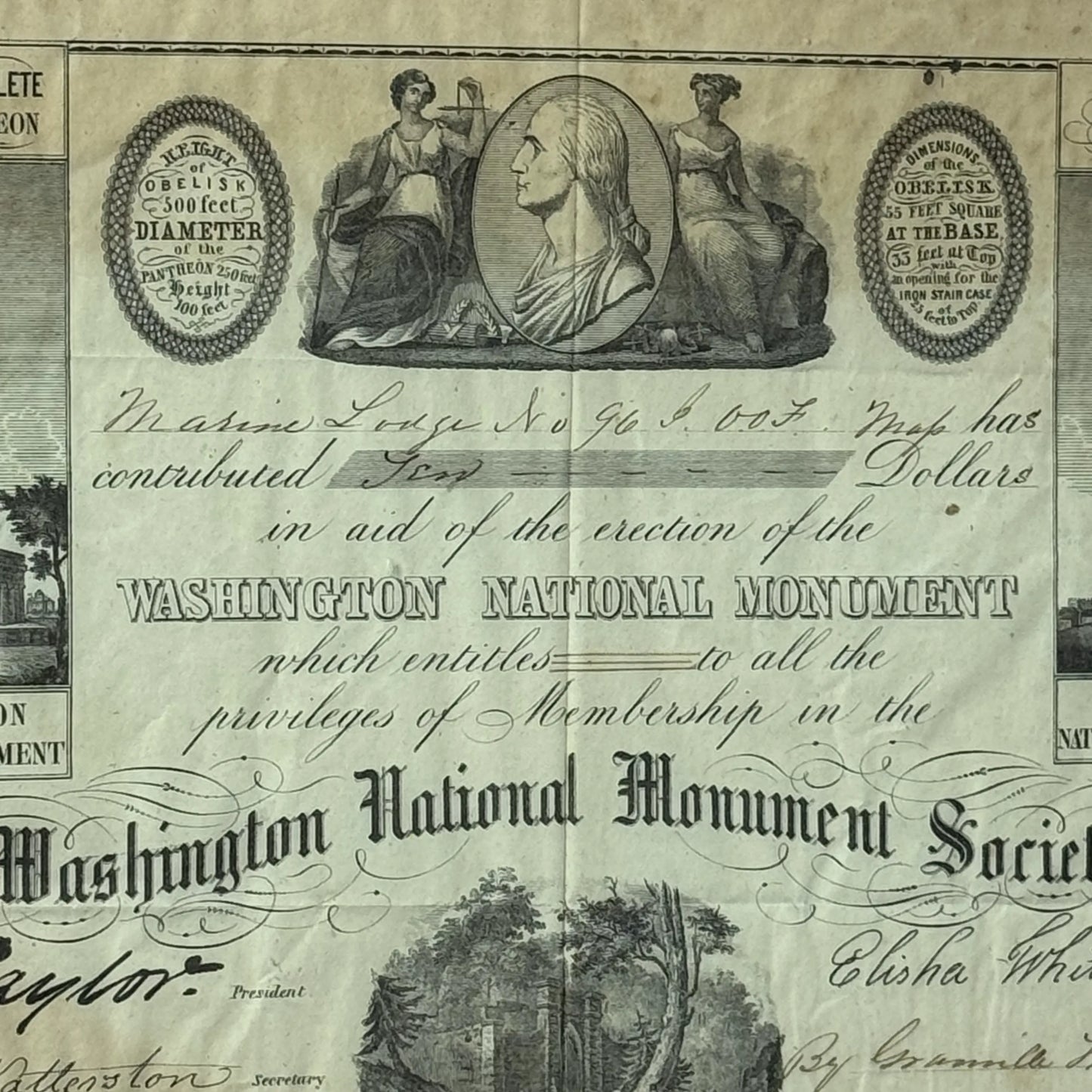 Washington Monument Society Contribution Certificate — In a period frame with period glass