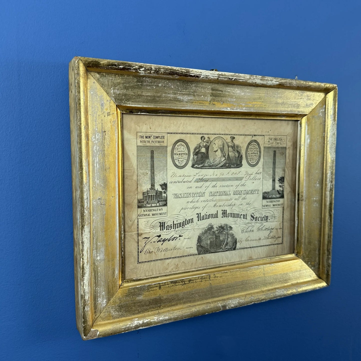 Washington Monument Society Contribution Certificate — In a period frame with period glass