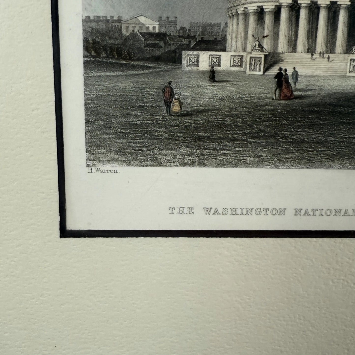 Framed, hand-colored steel engraving of the original design of the Washington Monument