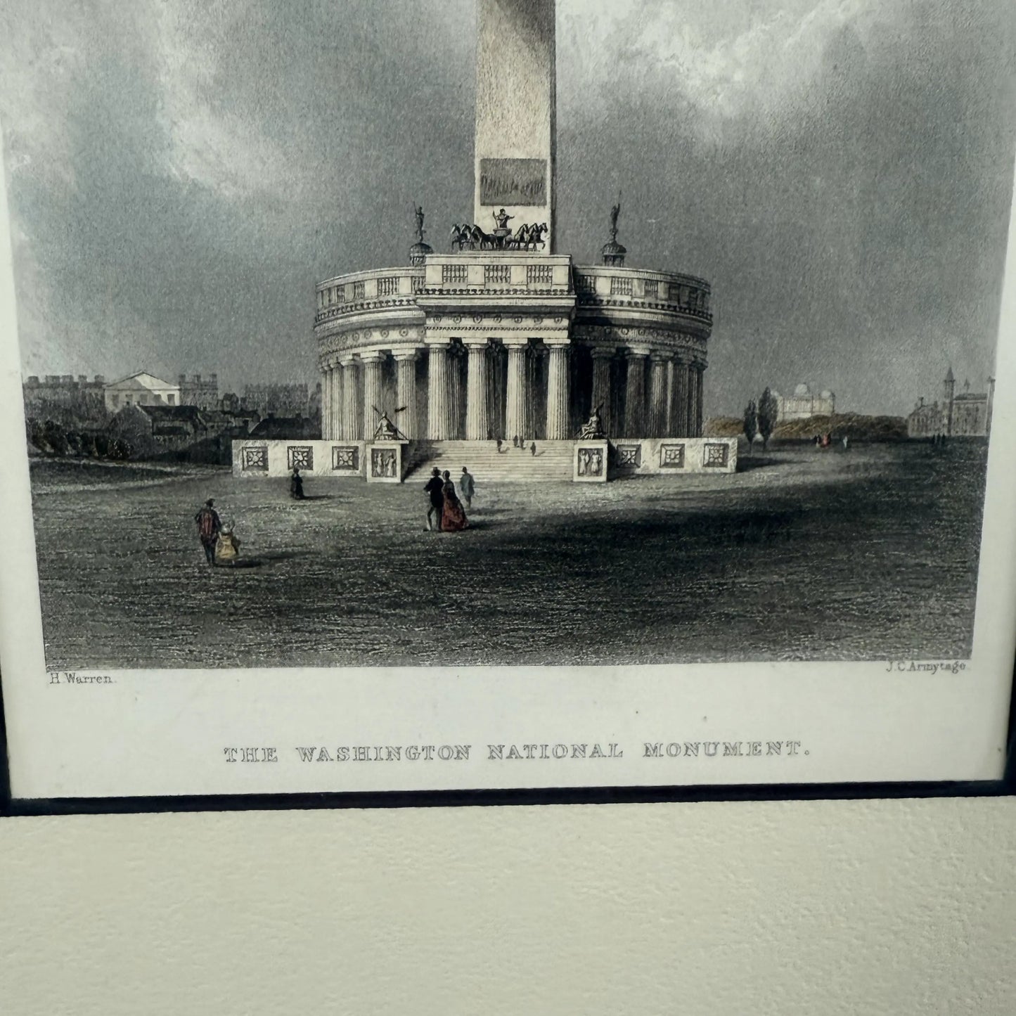 Framed, hand-colored steel engraving of the original design of the Washington Monument