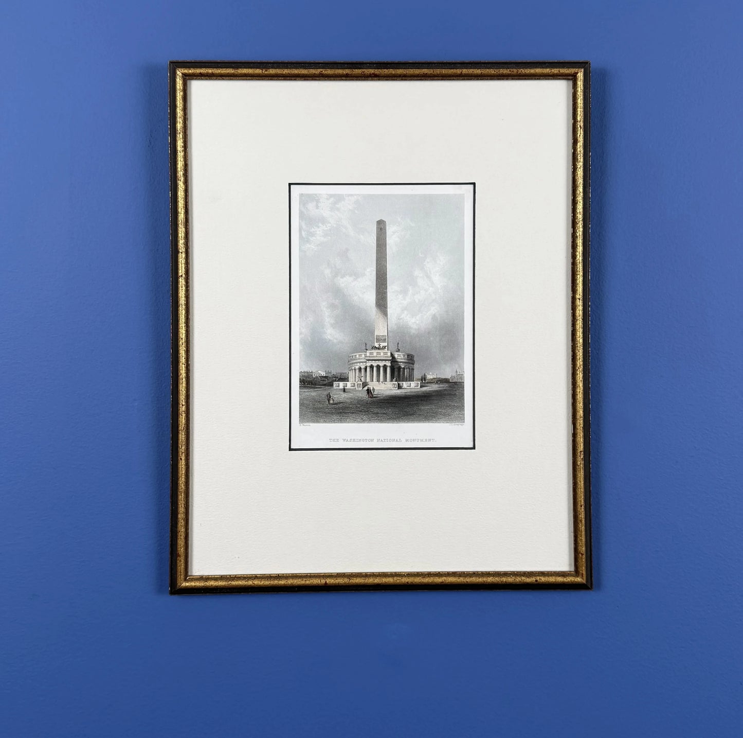 Framed, hand-colored steel engraving of the original design of the Washington Monument