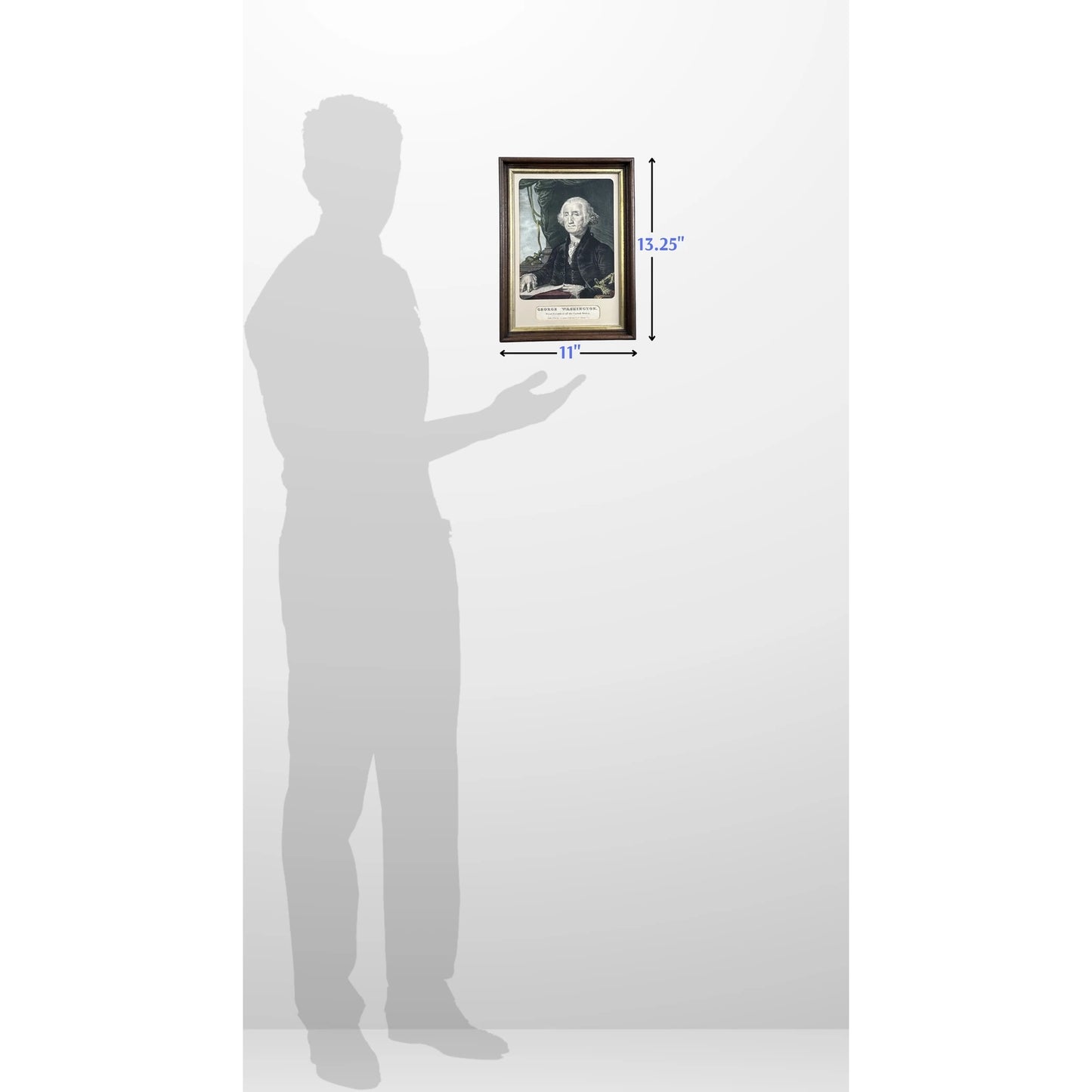 6-foot reference man with the framed 'George Washington - First President of the United States' by Nathaniel Currier — from The History List Store.
