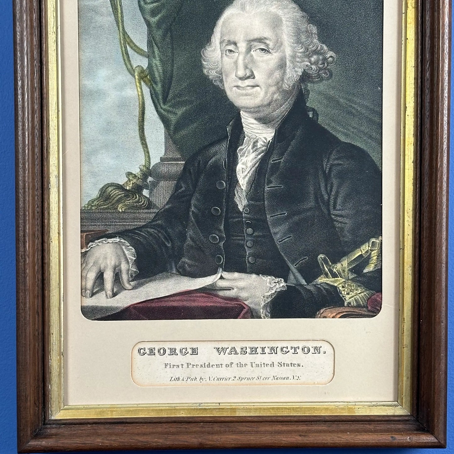 Close-up of the Framed 'George Washington - First President of the United States' by Nathaniel Currier— from The History List Store.