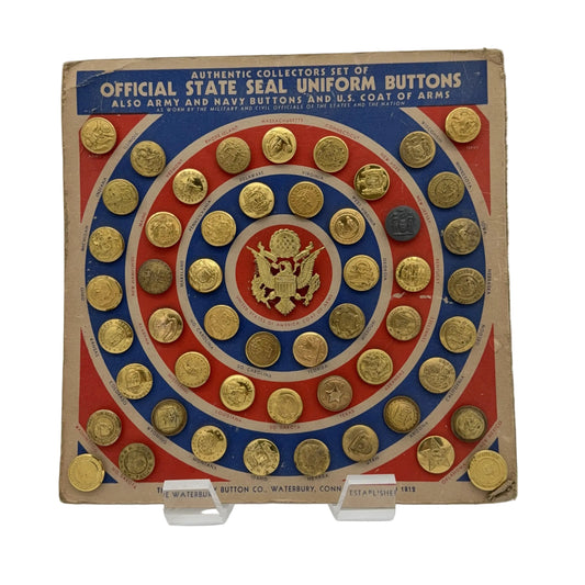 Box of official state seal uniform buttons with a red, white, and blue design from The History List store
