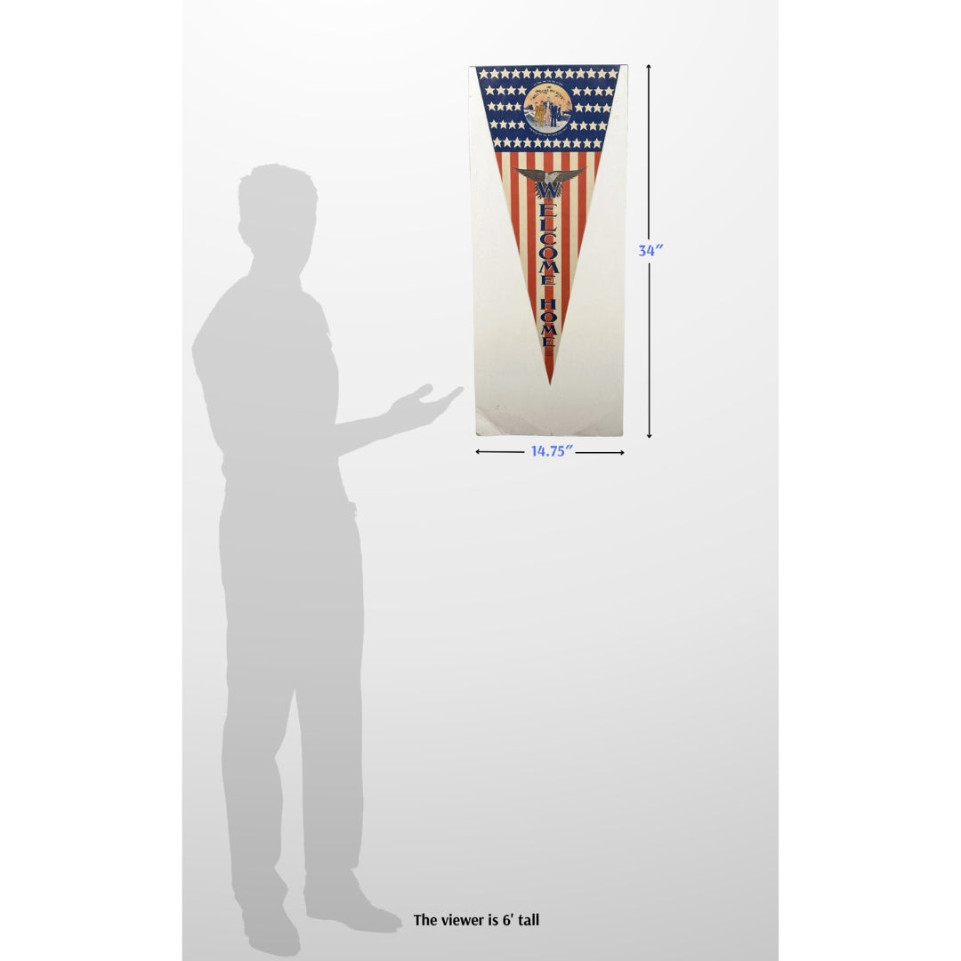 6ft man for scale next to WWII 'Welcome Home' banner — 1945 from The History List Store.