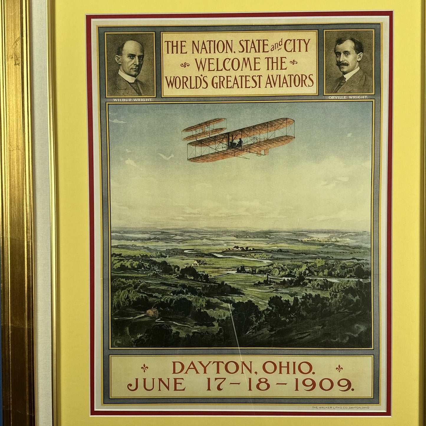 Large framed reproduction of the famous poster for the Wright Brothers Dayton celebration in 1909