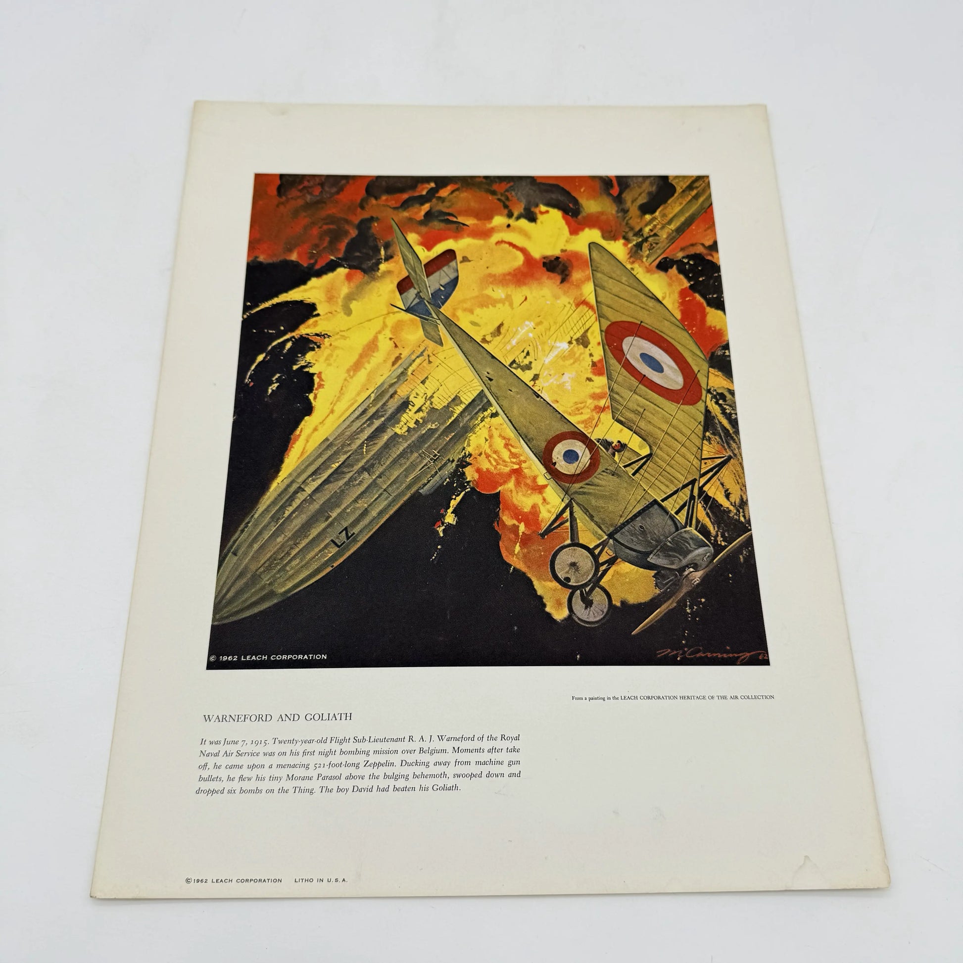 "Warneford and Goliath" print, one of the WWI Aerial Combat Prints by Mervin Allen Corning for the Leach Corporation.