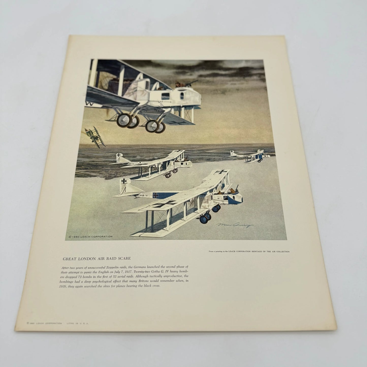 "Great London and Raid Scare" print, one of the WWI Aerial Combat Prints by Mervin Allen Corning for the Leach Corporation.