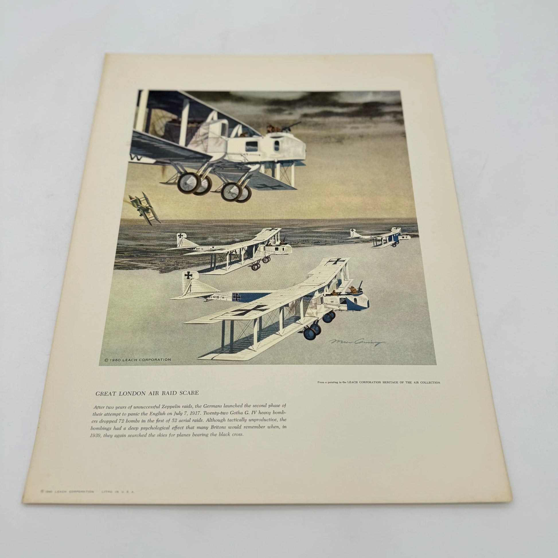 "Great London and Raid Scare" print, one of the WWI Aerial Combat Prints by Mervin Allen Corning for the Leach Corporation.
