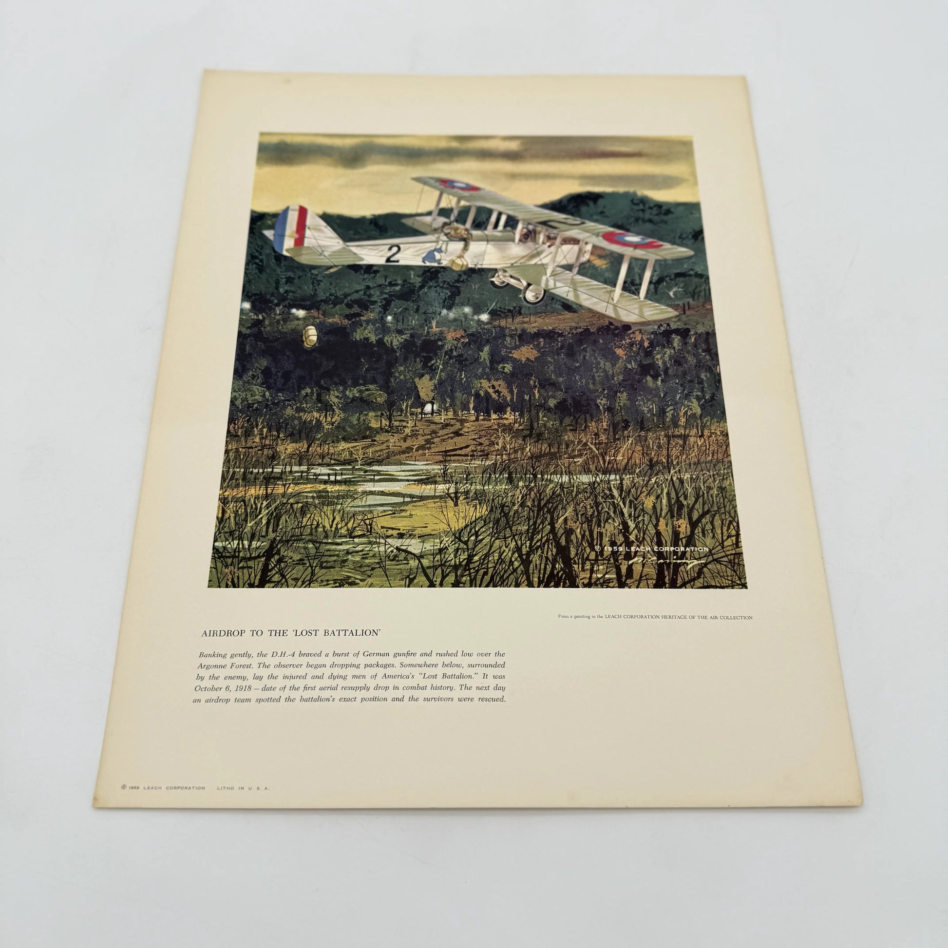 "Airdrop to the Lost Battalion" print, one of the WWI Aerial Combat Prints by Mervin Allen Corning for the Leach Corporation.