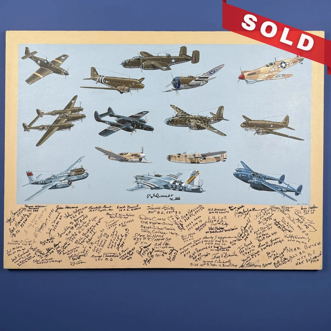 Original painting of WWII aircraft signed by 50+ WWII aviators