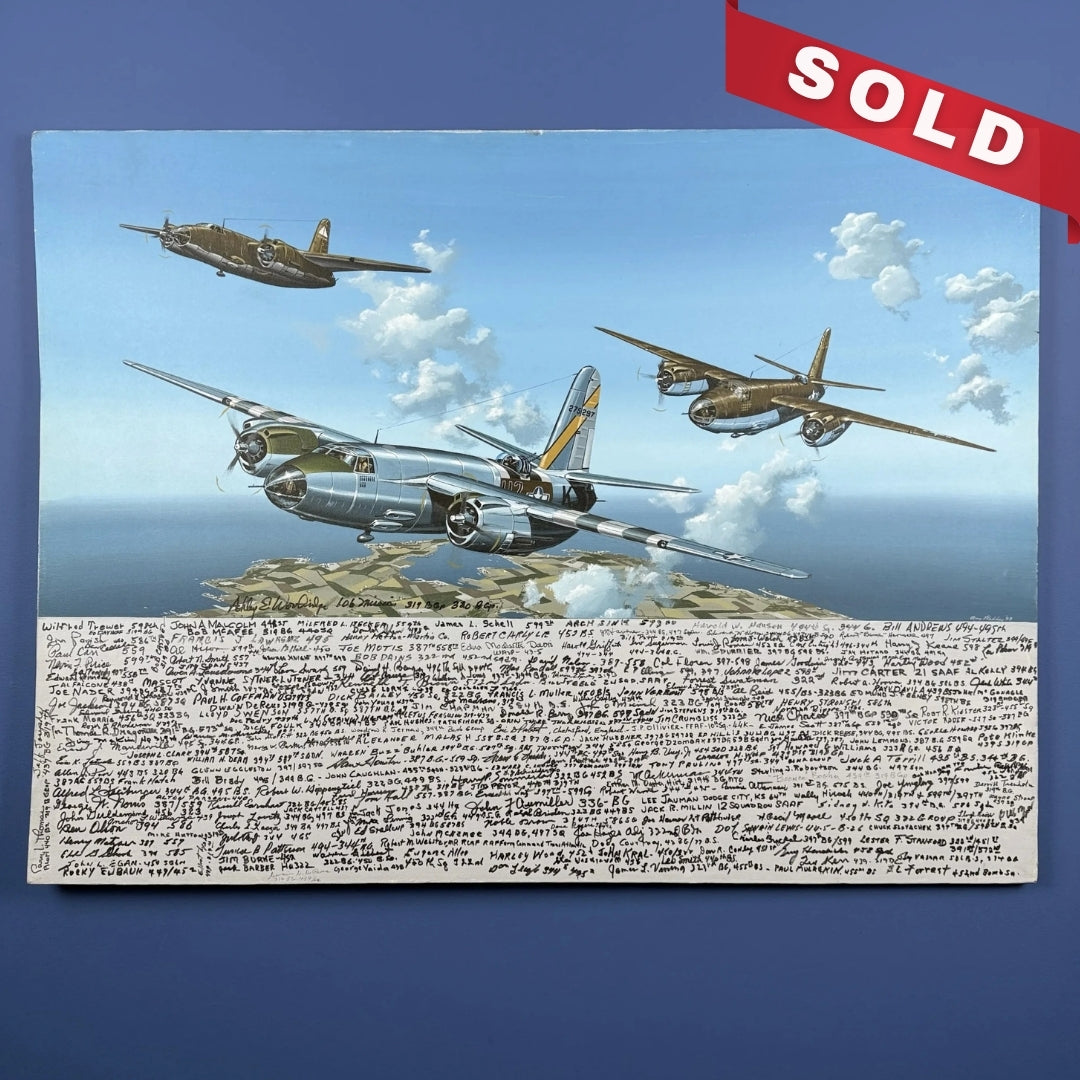 "B-26 Marauder" painting on canvas — Signed by 100+ WWII bomber veterans
