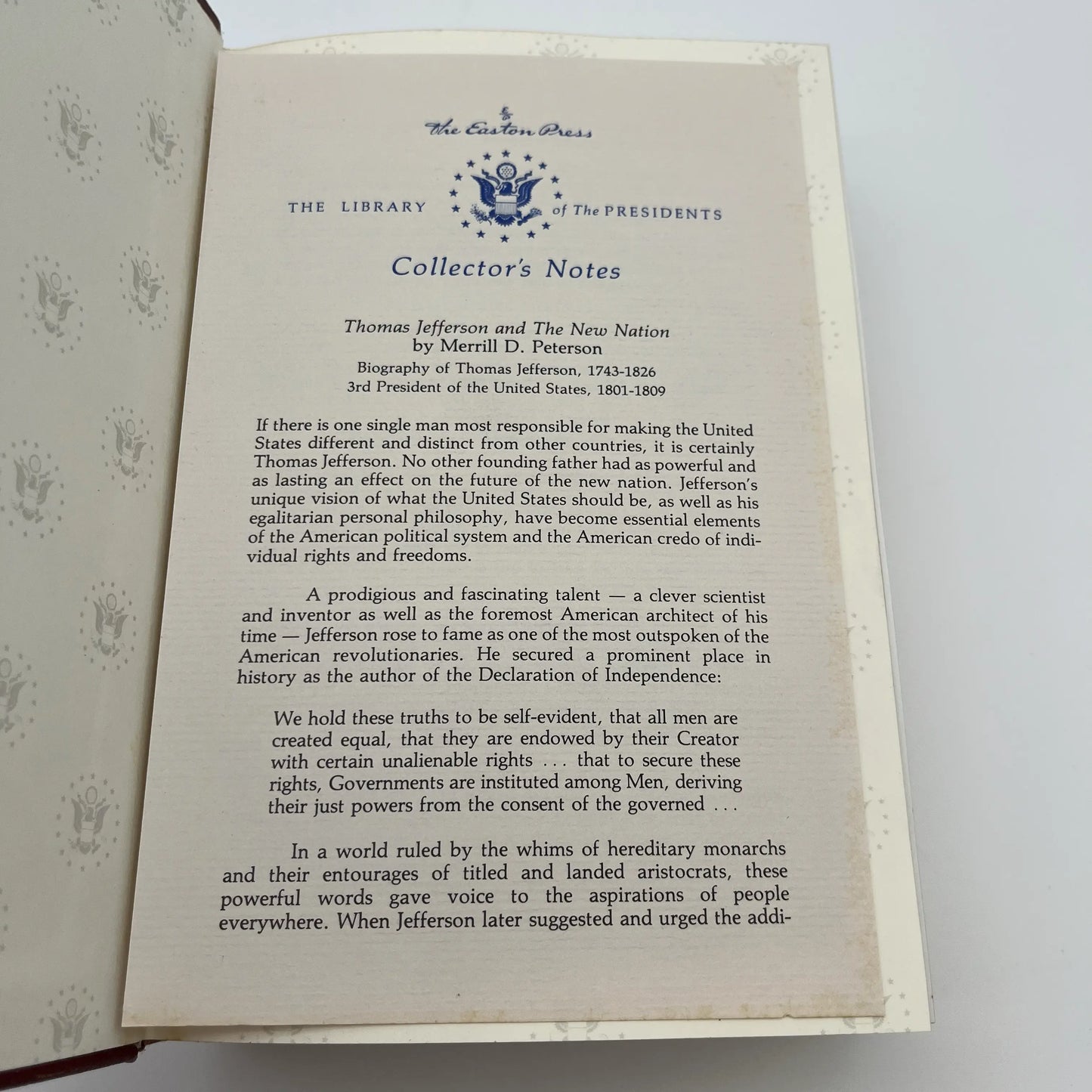 "Thomas Jefferson and the New Nation: A Biography" by Merrill D. Peterson — Leather-bound, gilt-edged Easton Press edition