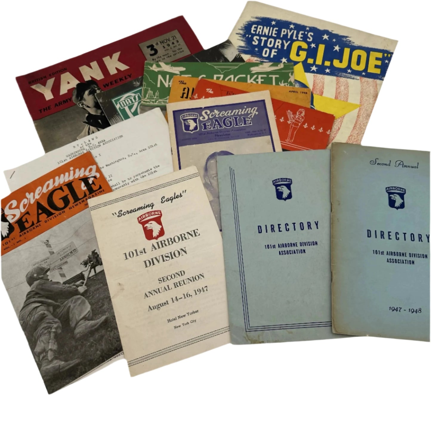 Extensive collection of WWII items — Includes the 101st, Victory War Maps, large book on British and other planes from WWII, Nats Packet, Alnats Magazine, Yank Magazine, and Show programs