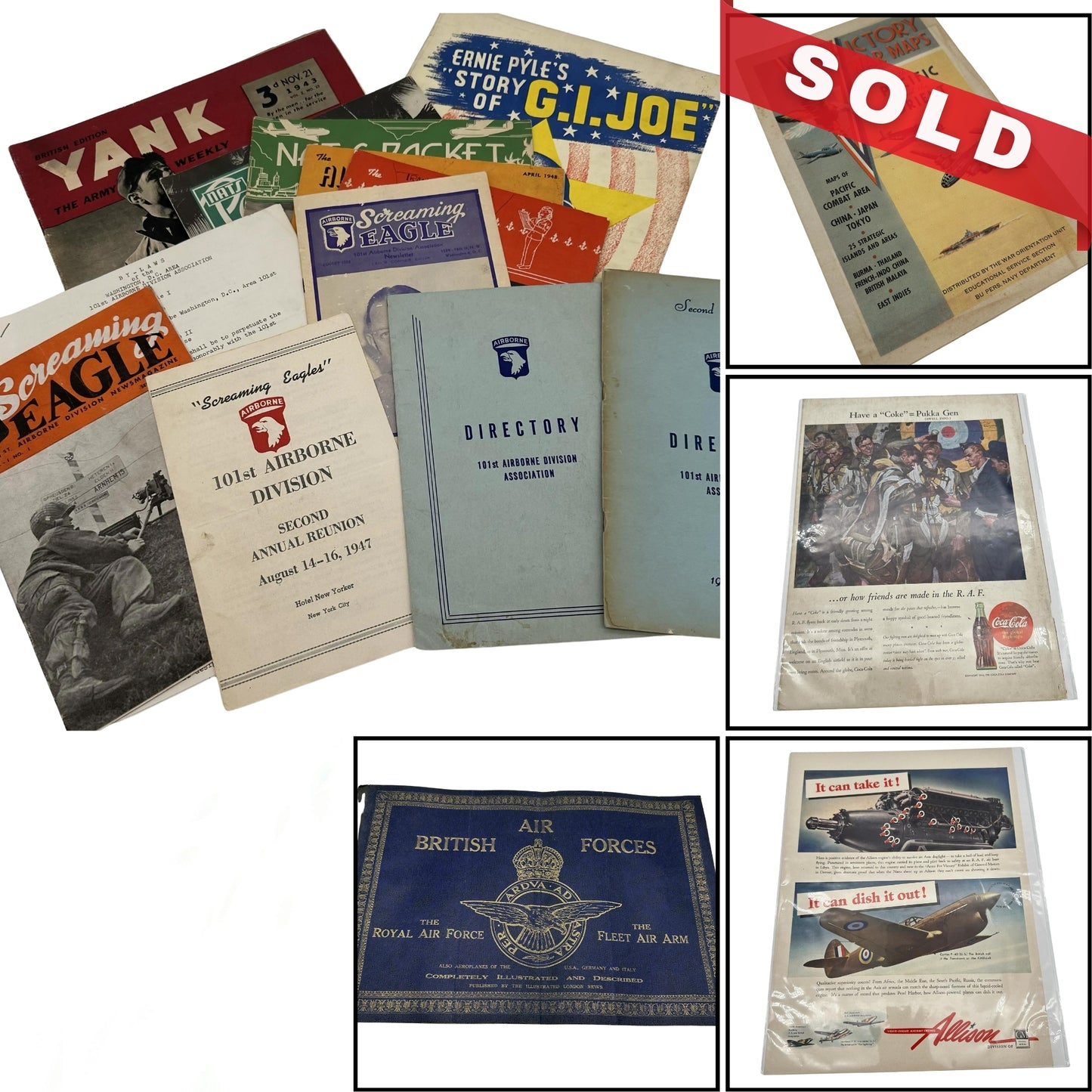 Extensive collection of WWII items — Includes the 101st, Victory War Maps, large book on British and other planes from WWII, Nats Packet, Alnats Magazine, Yank Magazine, and Show programs