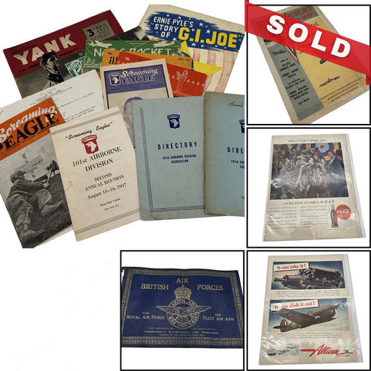 Extensive collection of WWII items — Includes the 101st, Victory War Maps, large book on British and other planes from WWII, Nats Packet, Alnats Magazine, Yank Magazine, and Show programs