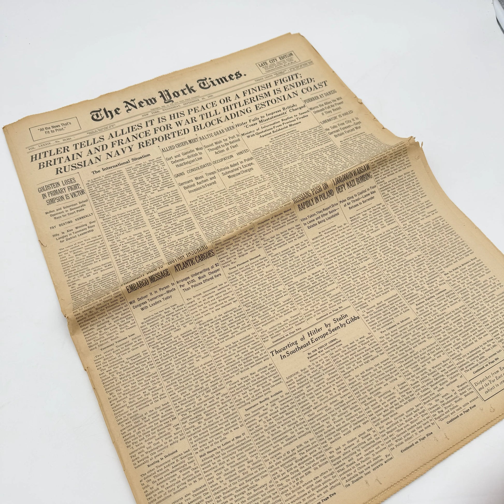 Full view of " The New York Times coverage of WWII — September 20 and 21, 1939 — Sold as a set" from The History List Store.