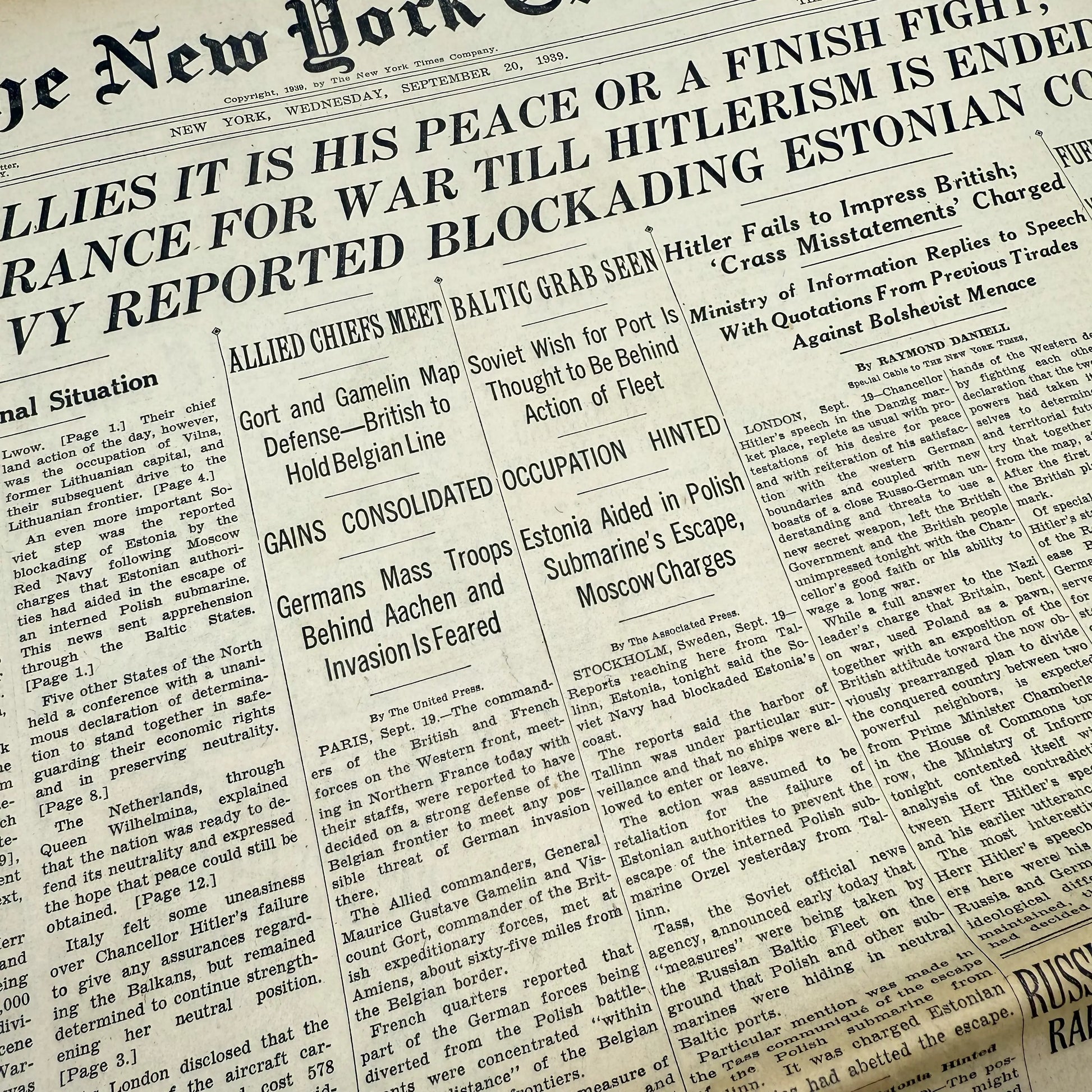 Close up view of "The New York Times coverage of WWII — September 20 and 21, 1939 — Sold as a set" from The History List Store.