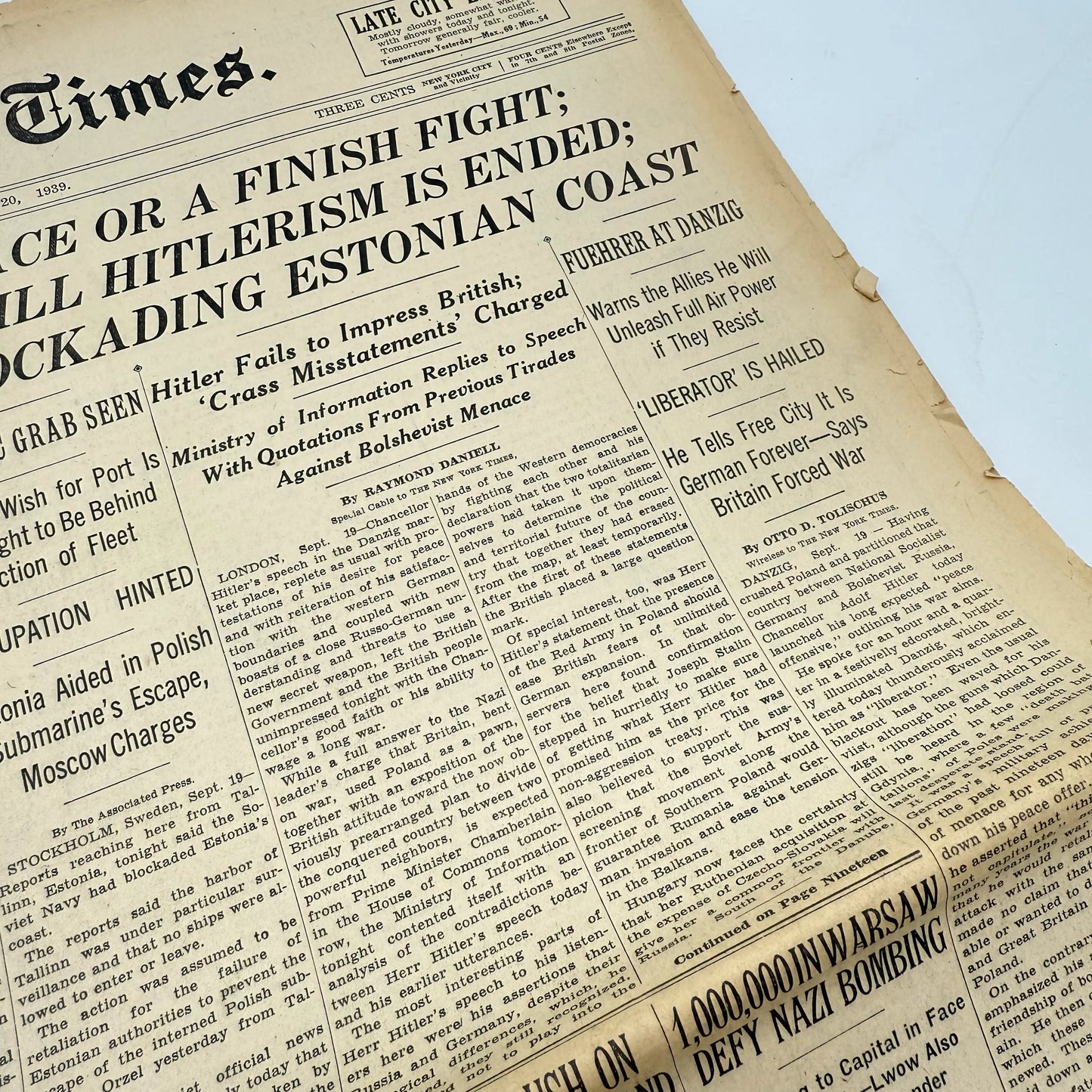 Full view of " The New York Times coverage of WWII — September 20 and 21, 1939 — Sold as a set" from The History List Store.
