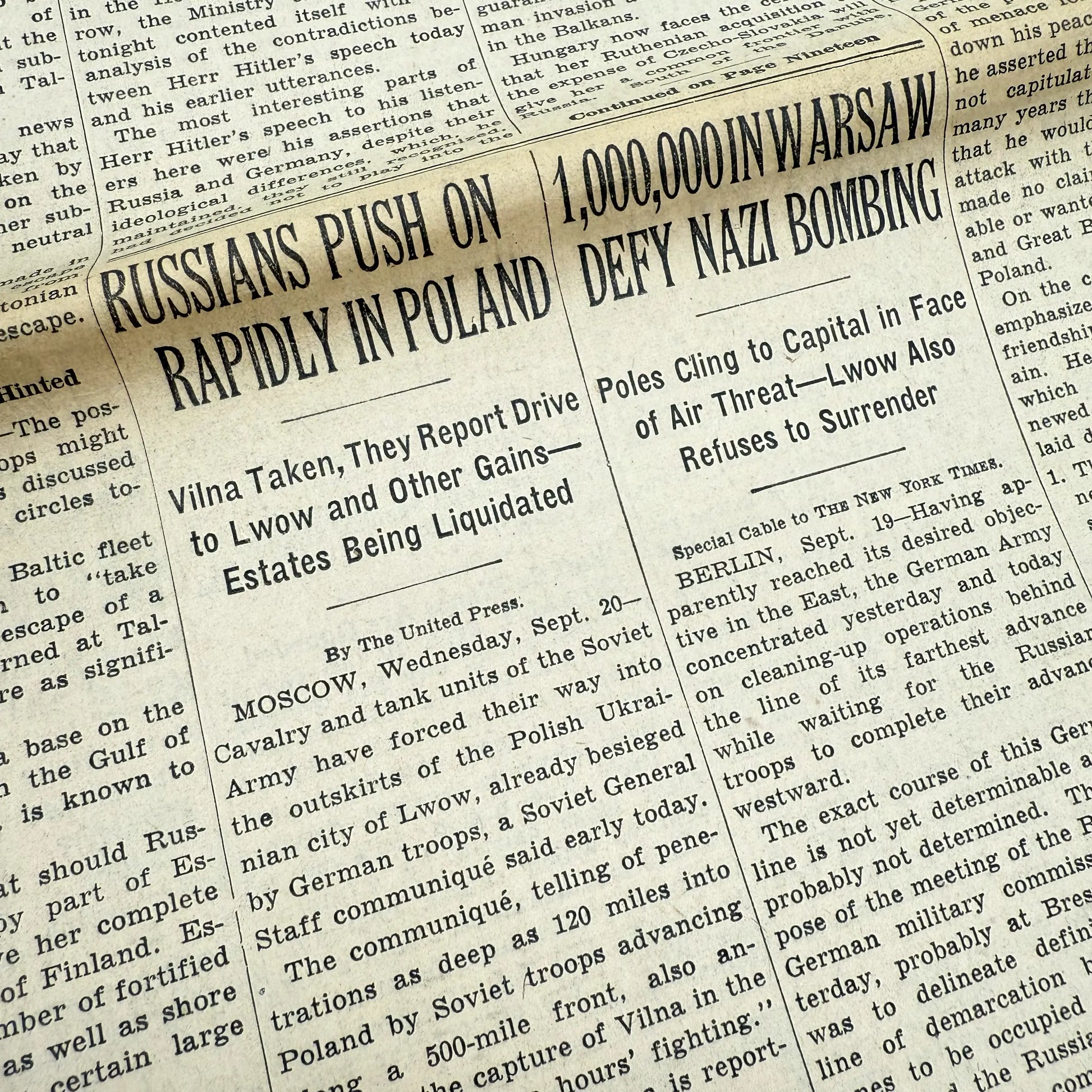 Close-up detailed photo of " The New York Times coverage of WWII — September 20 and 21, 1939 — Sold as a set" from The History List Store.