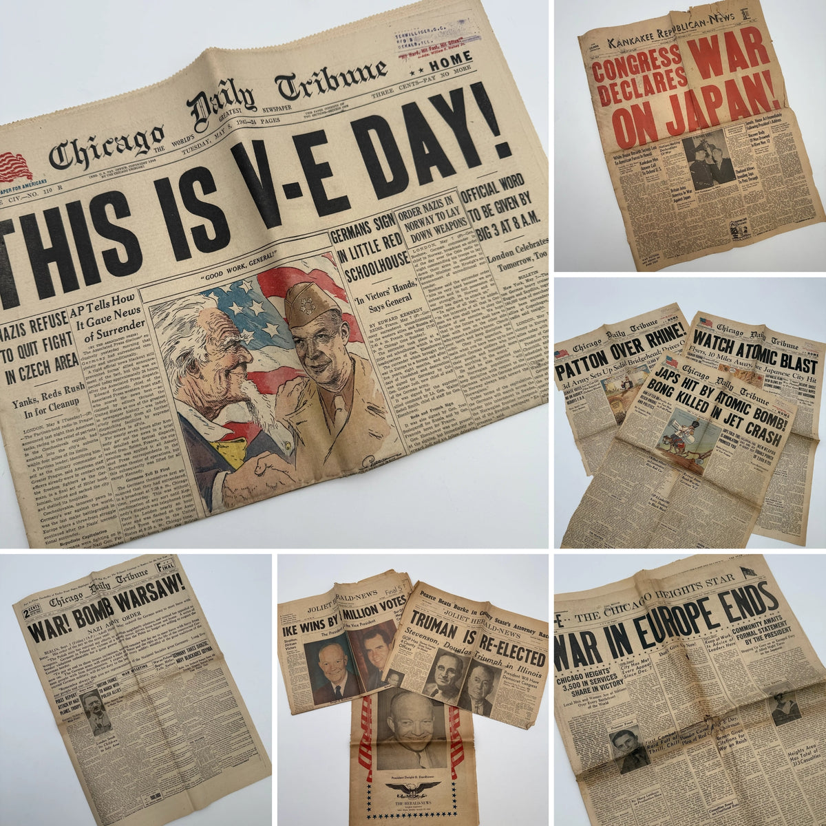 World War II Newspapers with major events of the war — Outbreak, Pearl Harbor, FDR Dies, V-E Day, atomic bomb dropped, more