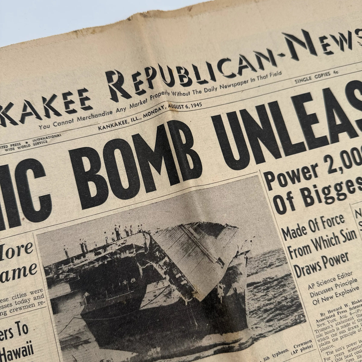 World War II Newspapers with major events of the war — Outbreak, Pearl Harbor, FDR Dies, V-E Day, atomic bomb dropped, more