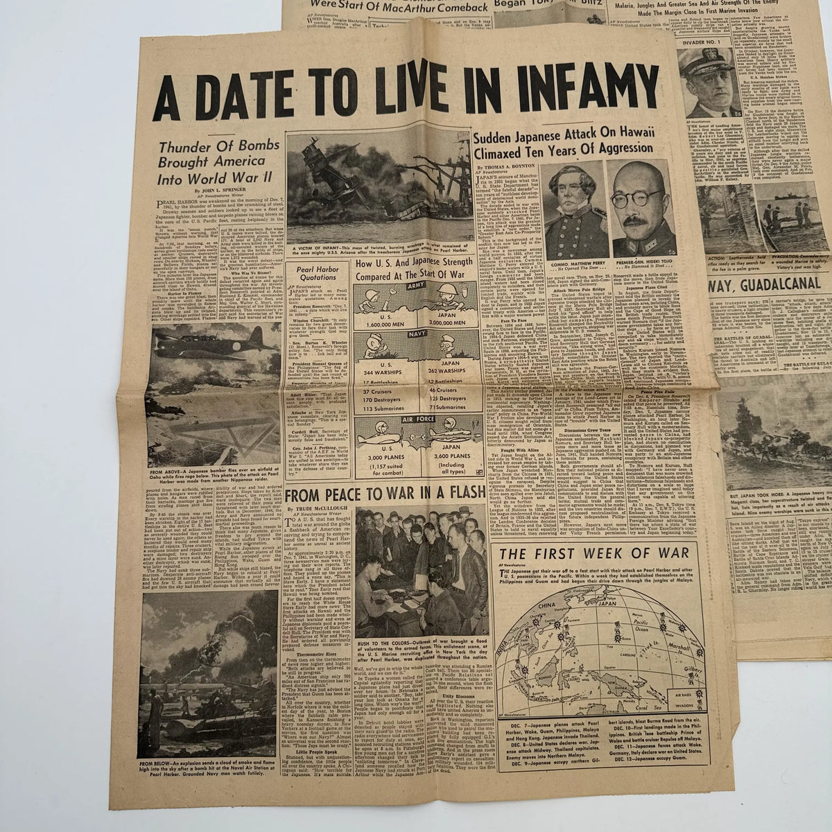 World War II Newspapers with major events of the war — Outbreak, Pearl Harbor, FDR Dies, V-E Day, atomic bomb dropped, more