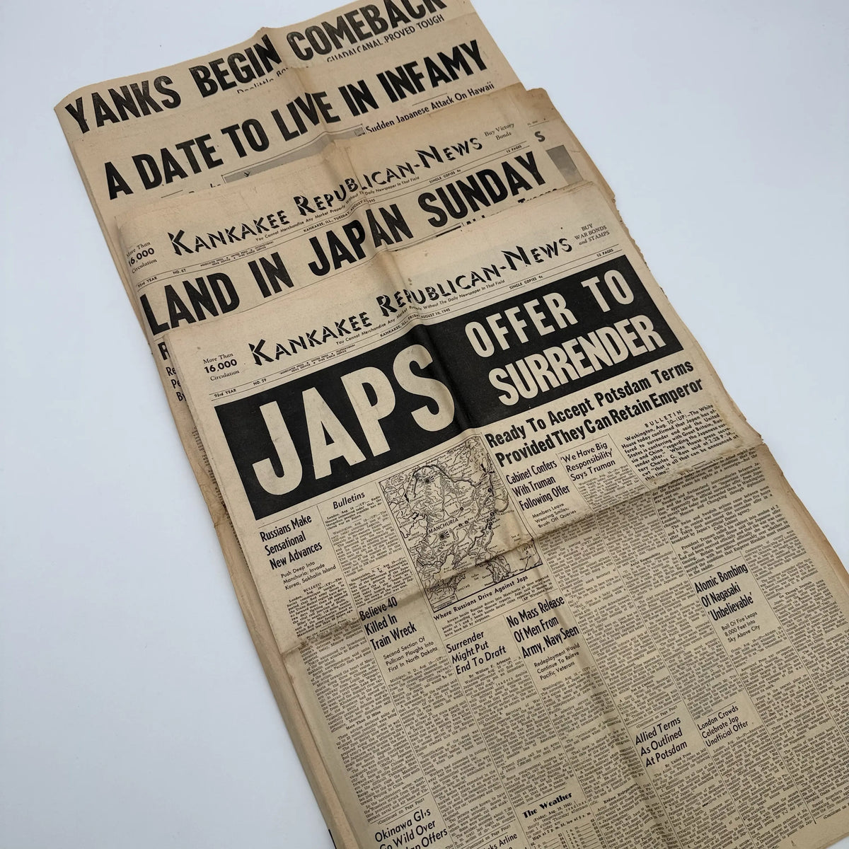 World War II Newspapers with major events of the war — Outbreak, Pearl Harbor, FDR Dies, V-E Day, atomic bomb dropped, more
