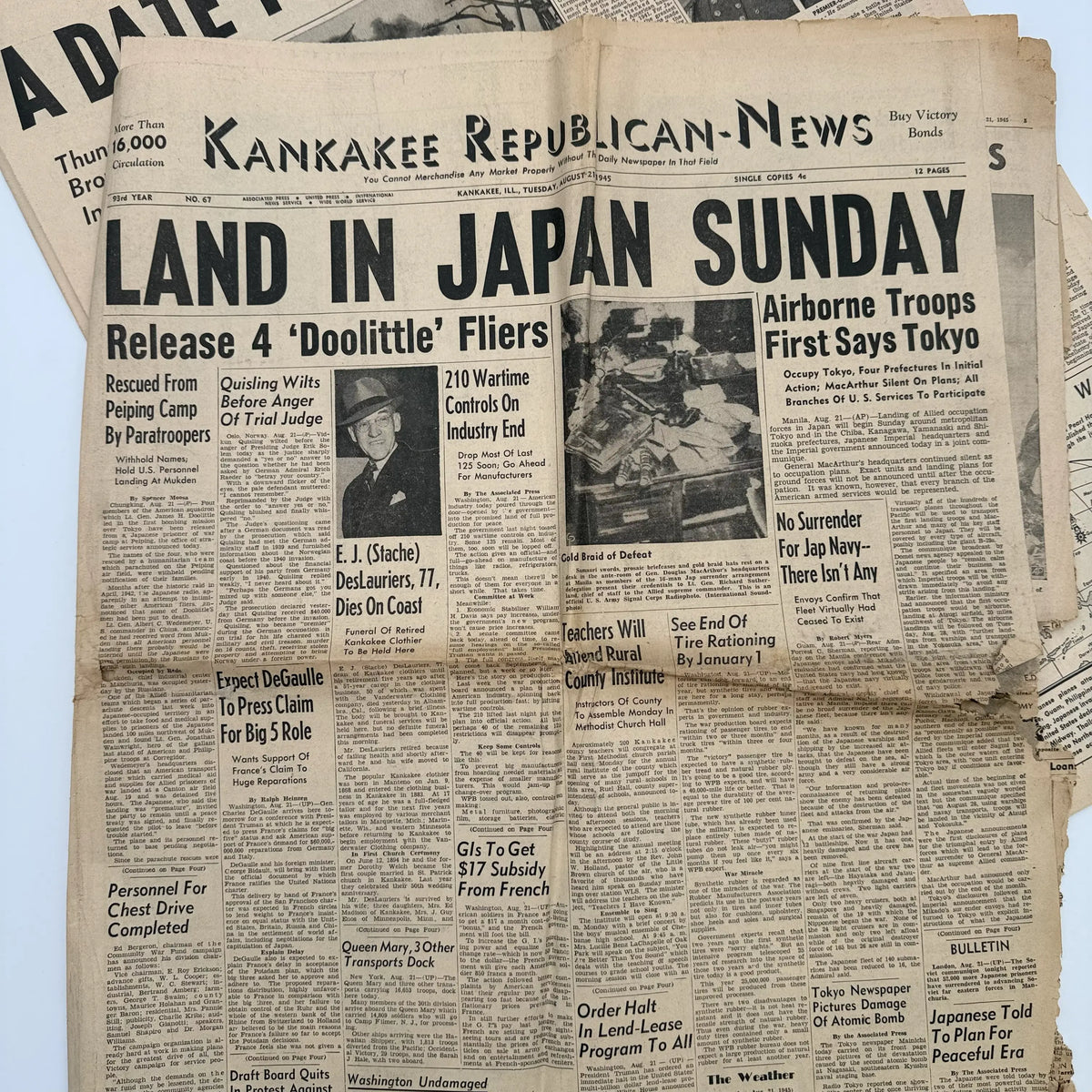 World War II Newspapers with major events of the war — Outbreak, Pearl Harbor, FDR Dies, V-E Day, atomic bomb dropped, more