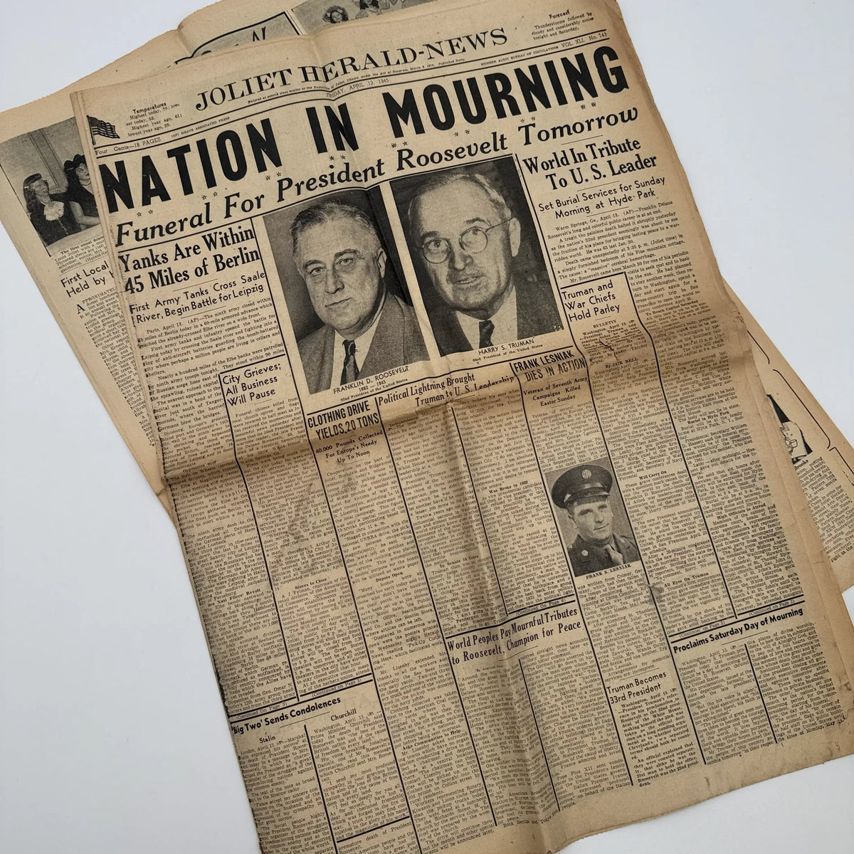 World War II Newspapers with major events of the war — Outbreak, Pearl Harbor, FDR Dies, V-E Day, atomic bomb dropped, more