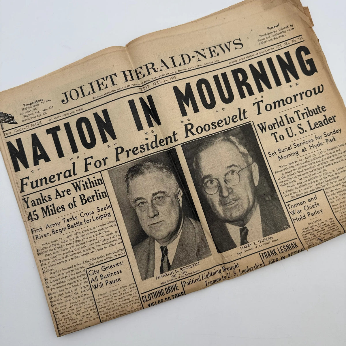 World War II Newspapers with major events of the war — Outbreak, Pearl Harbor, FDR Dies, V-E Day, atomic bomb dropped, more