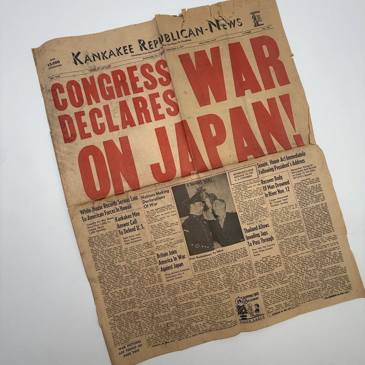 World War II Newspapers with major events of the war — Outbreak, Pearl Harbor, FDR Dies, V-E Day, atomic bomb dropped, more