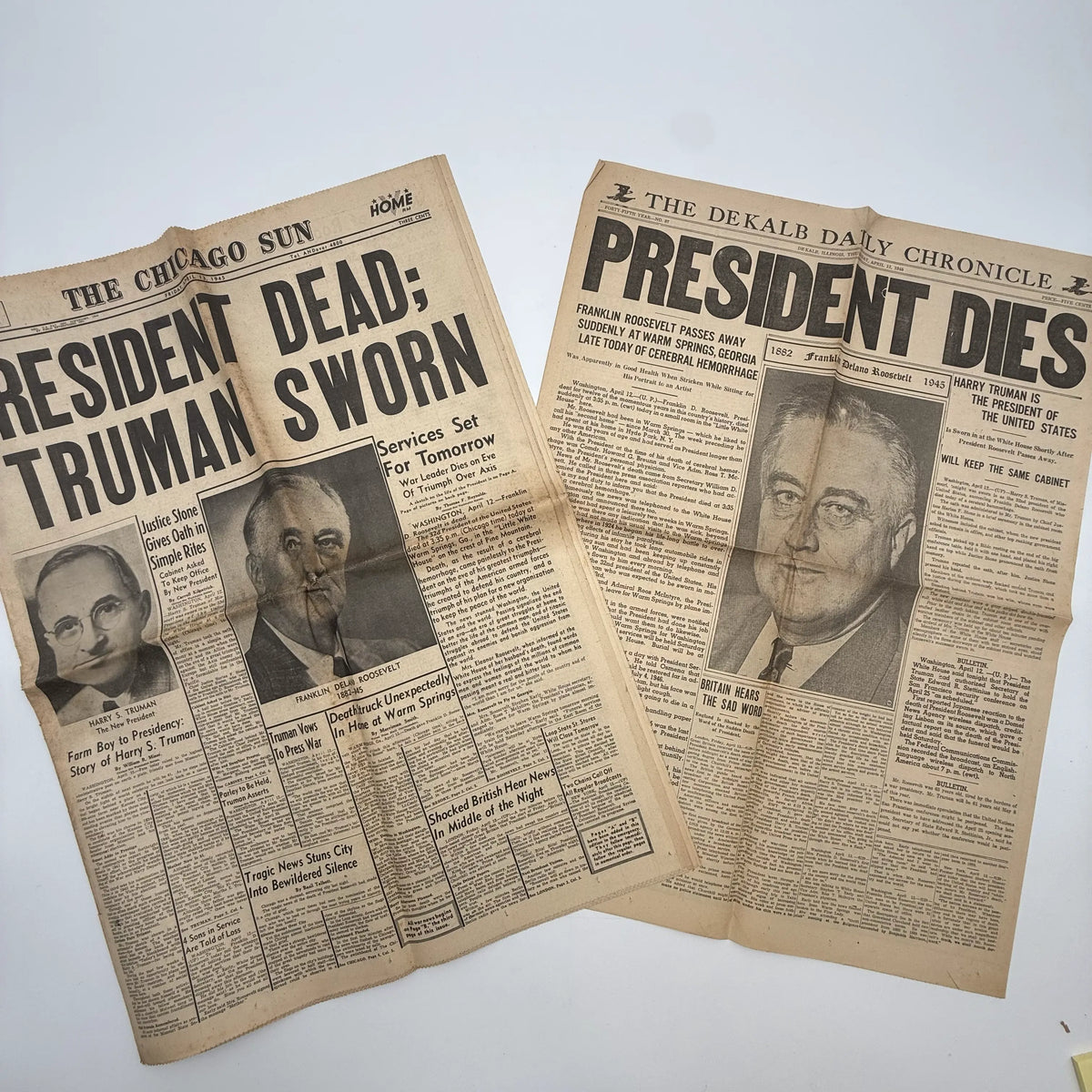 World War II Newspapers with major events of the war — Outbreak, Pearl Harbor, FDR Dies, V-E Day, atomic bomb dropped, more