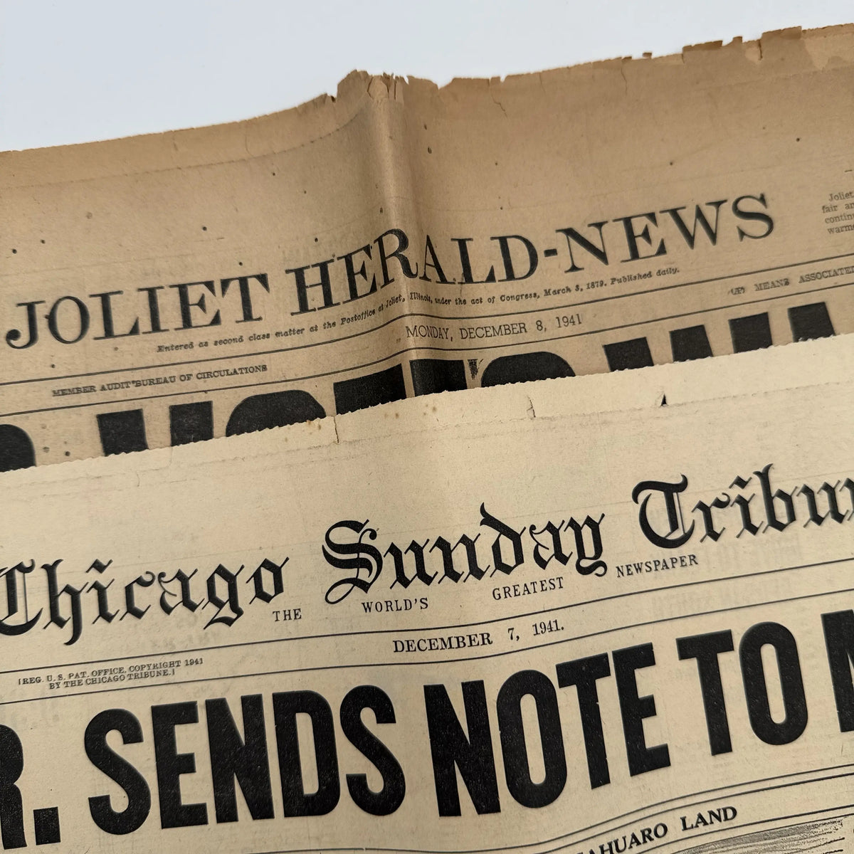 World War II Newspapers with major events of the war — Outbreak, Pearl Harbor, FDR Dies, V-E Day, atomic bomb dropped, more