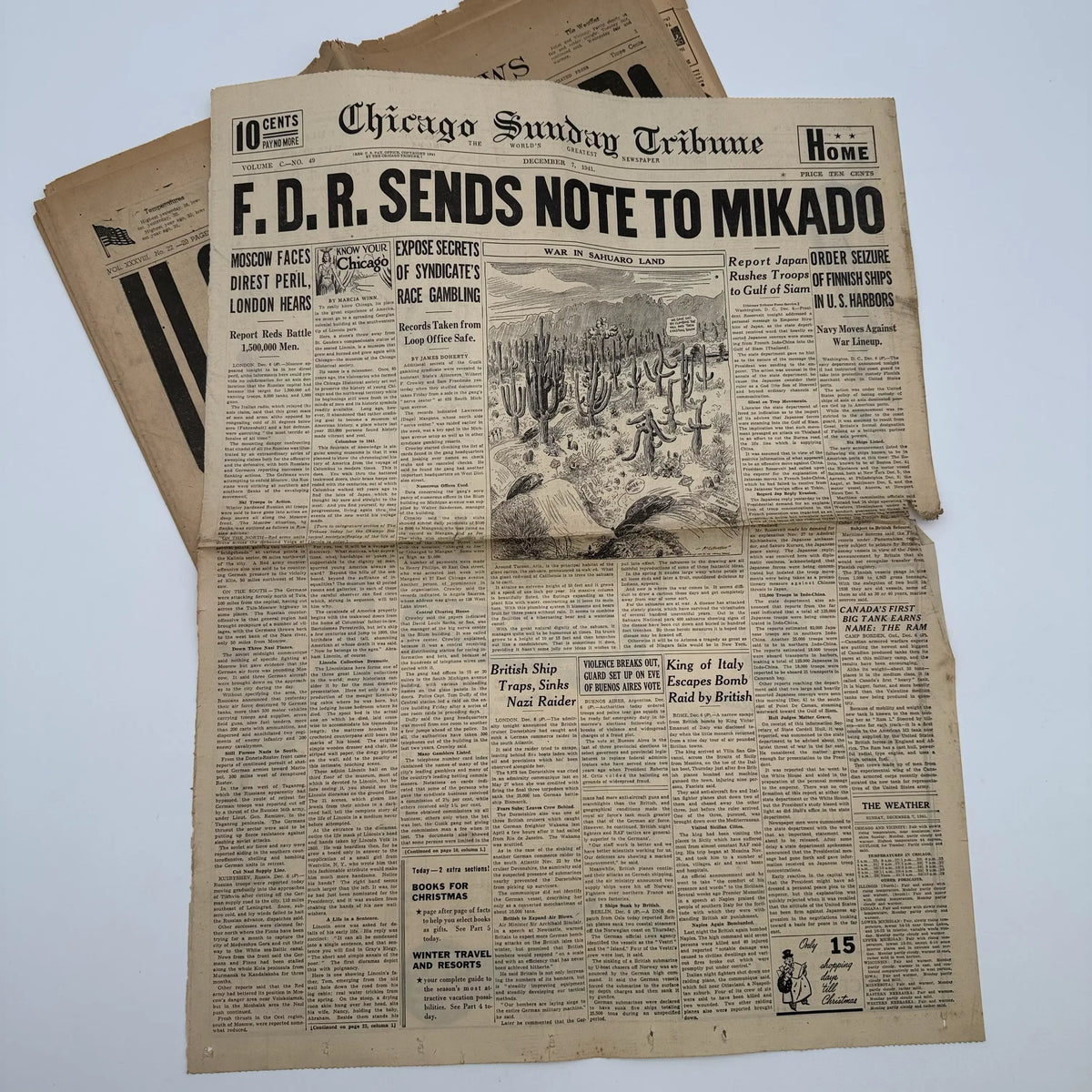 World War II Newspapers with major events of the war — Outbreak, Pearl Harbor, FDR Dies, V-E Day, atomic bomb dropped, more
