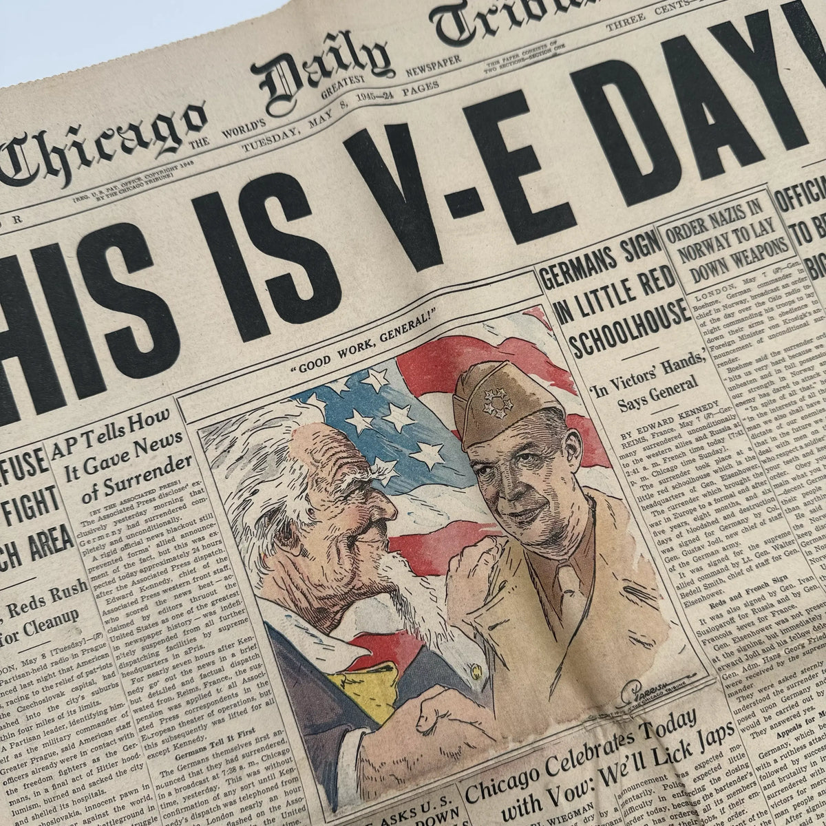 World War II Newspapers with major events of the war — Outbreak, Pearl Harbor, FDR Dies, V-E Day, atomic bomb dropped, more