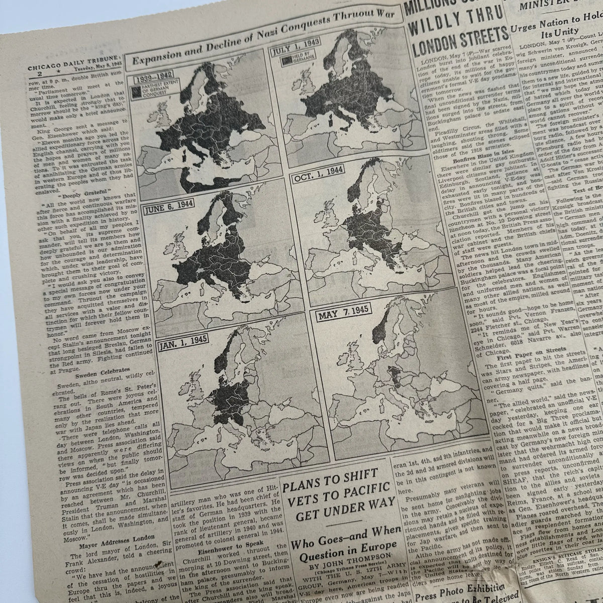 World War II Newspapers with major events of the war — Outbreak, Pearl Harbor, FDR Dies, V-E Day, atomic bomb dropped, more