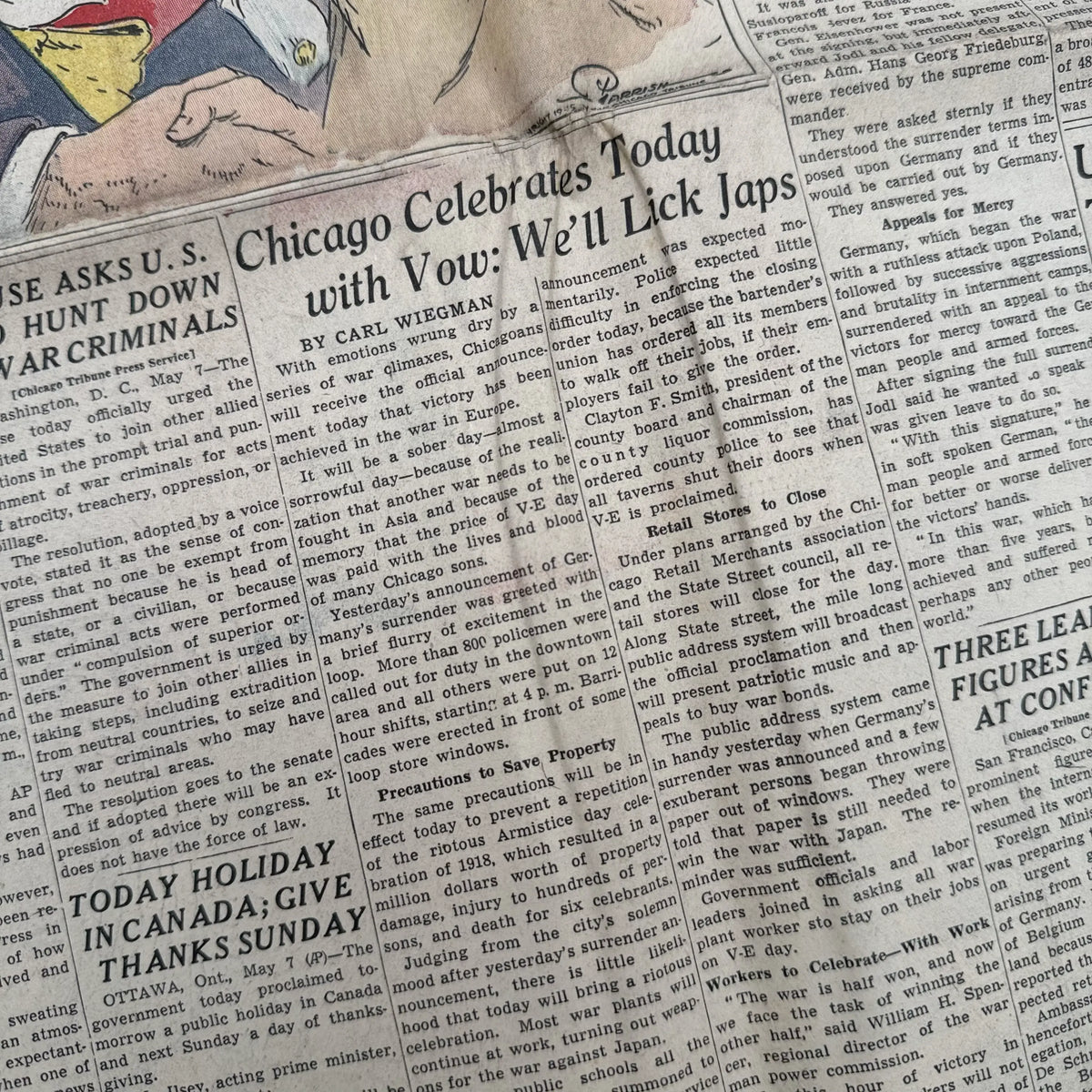 World War II Newspapers with major events of the war — Outbreak, Pearl Harbor, FDR Dies, V-E Day, atomic bomb dropped, more