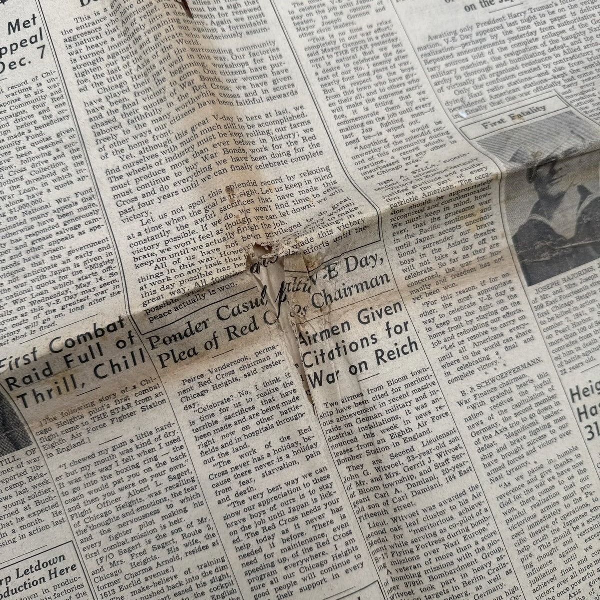 World War II Newspapers with major events of the war — Outbreak, Pearl Harbor, FDR Dies, V-E Day, atomic bomb dropped, more